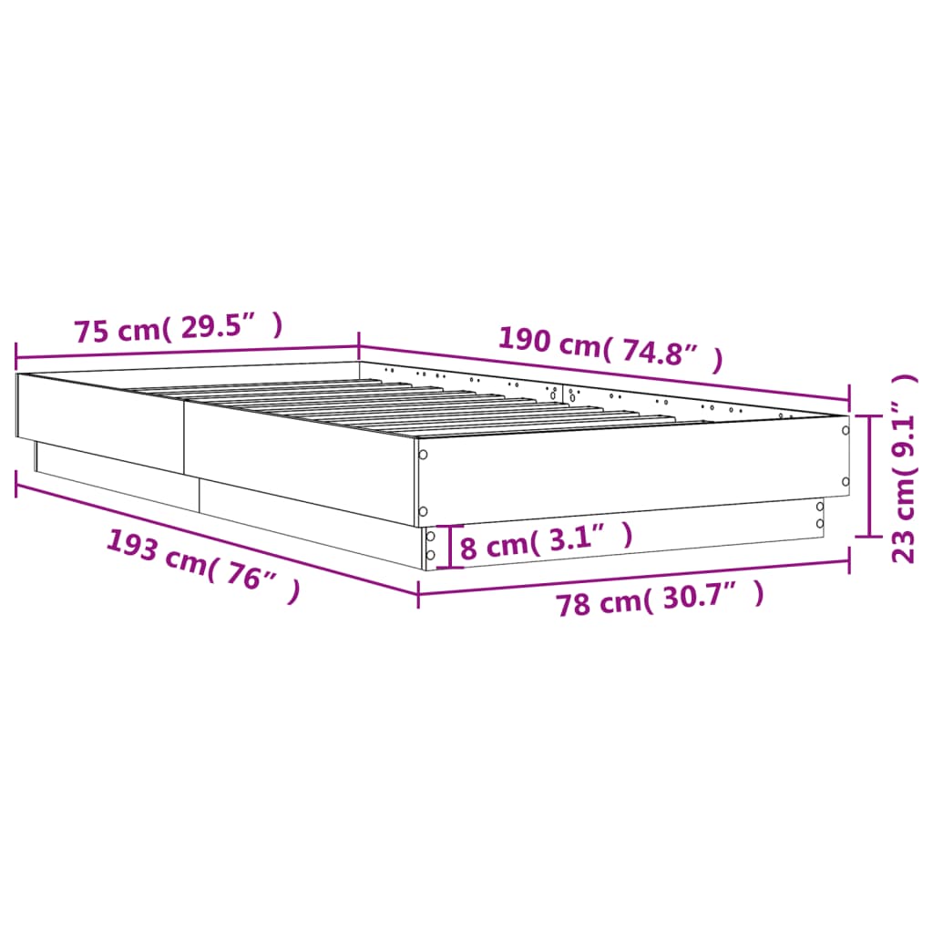 Okvir kreveta s LED svjetlima crni 75 x 190 cm