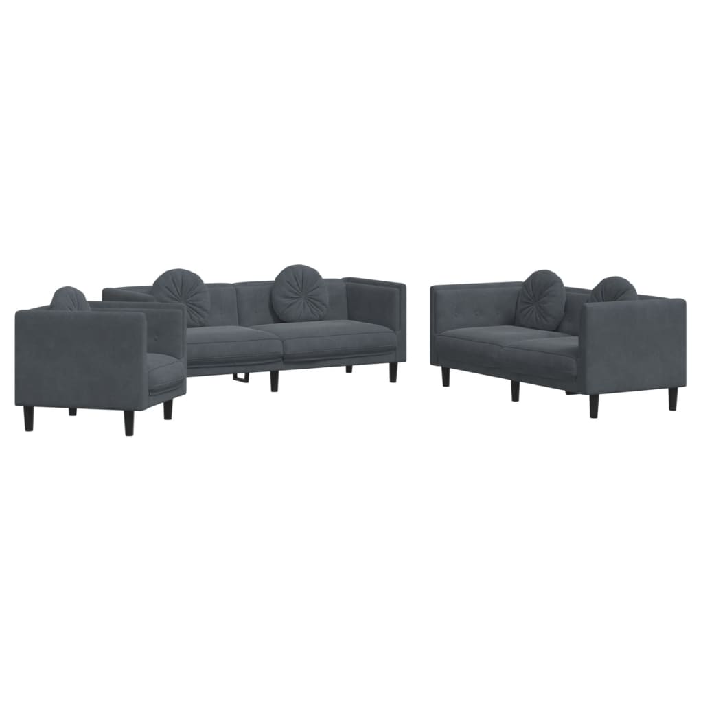 3-dijelni set sofa s jastucima tamnosivi baršunasti
