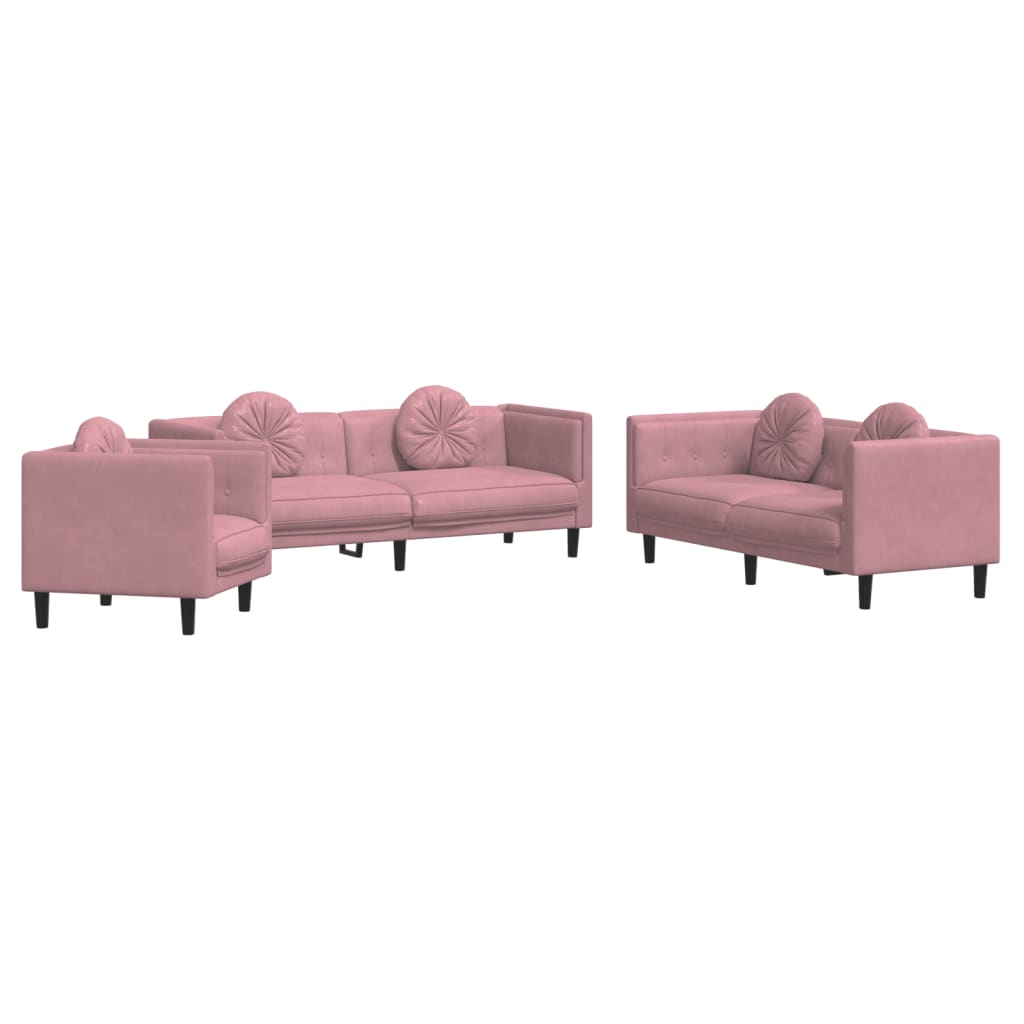 3-dijelni set sofa s jastucima ružičasti baršunasti