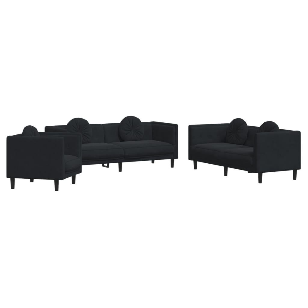 3-dijelni set sofa s jastucima crni baršunasti