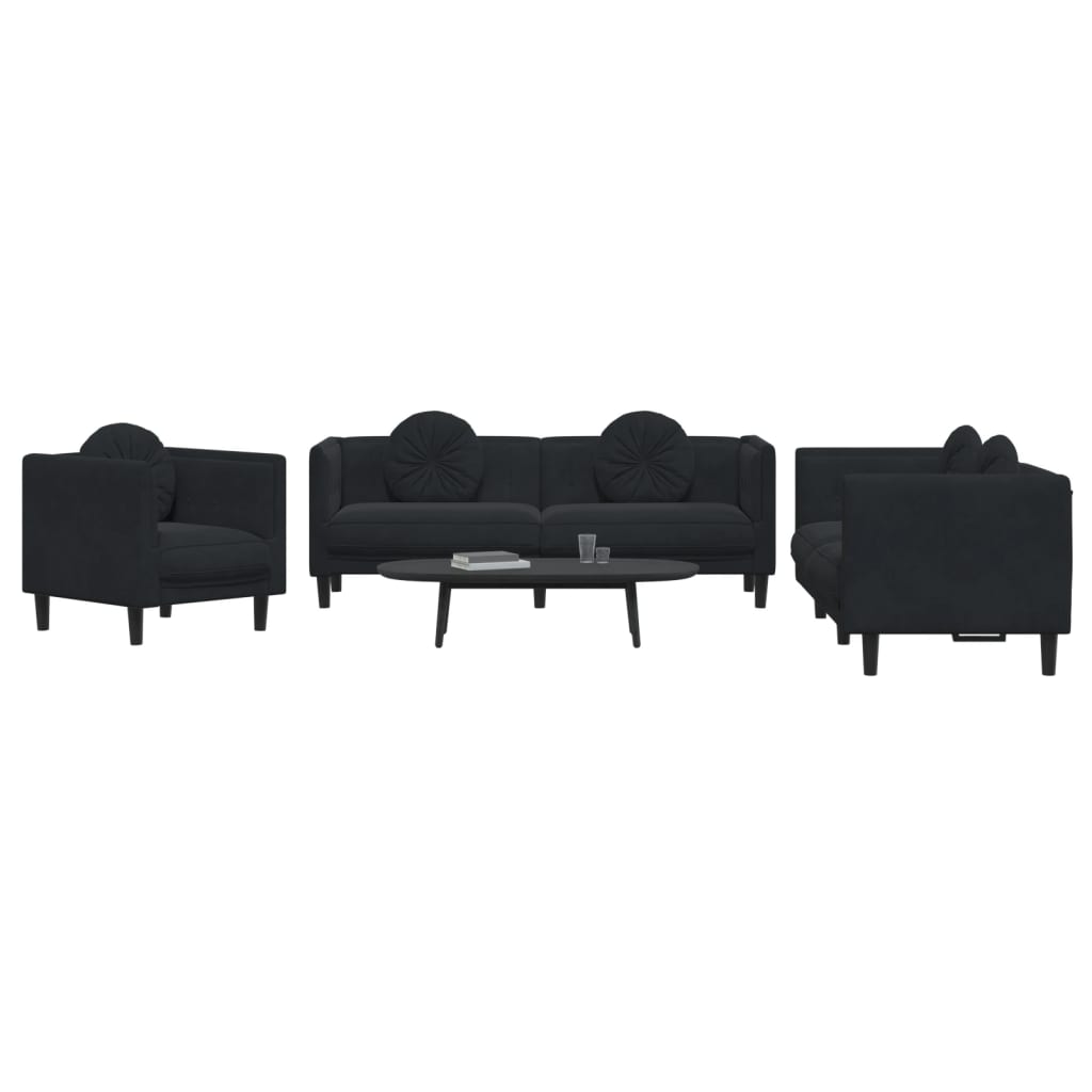 3-dijelni set sofa s jastucima crni baršunasti