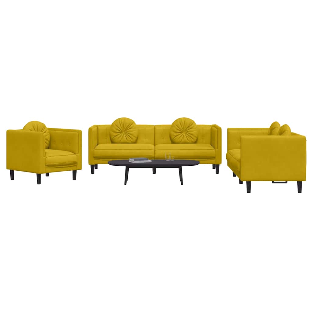 3-dijelni set sofa s jastucima žuti baršunasti
