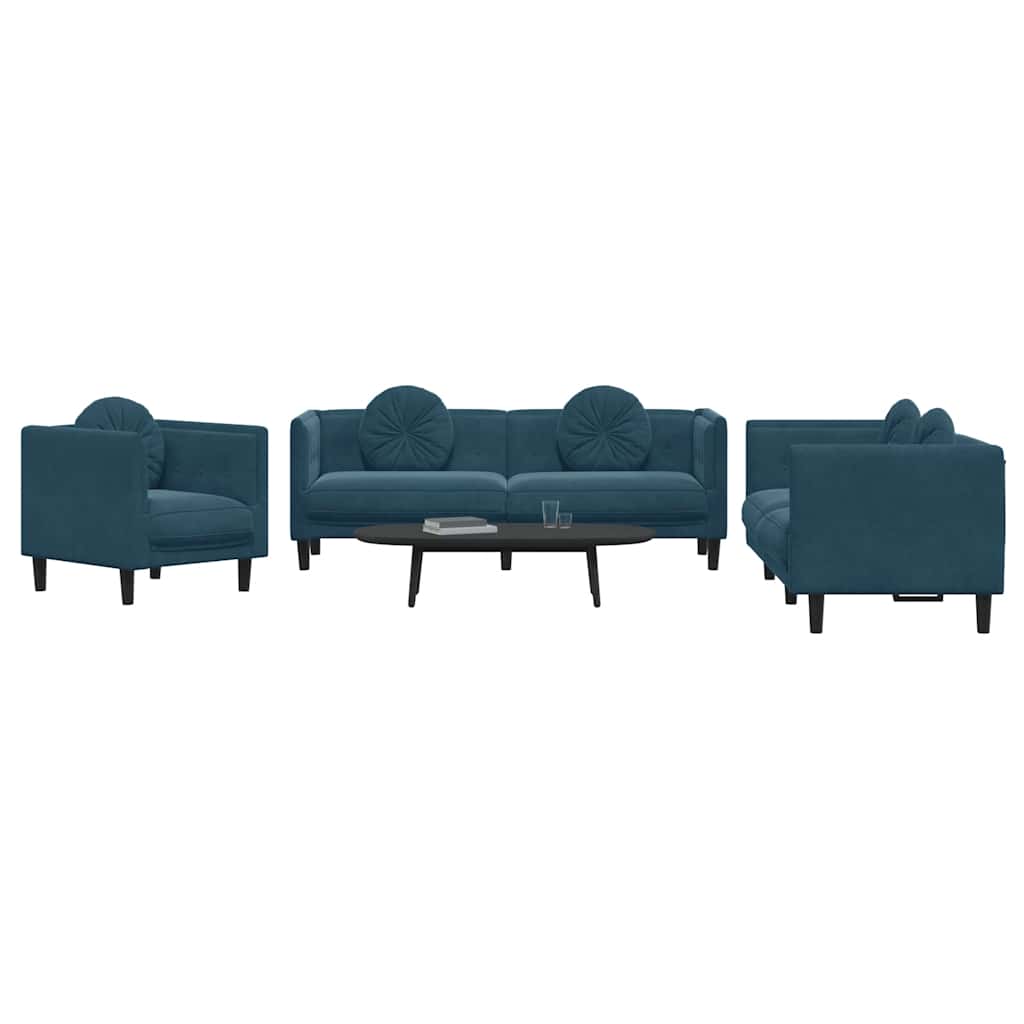 3-dijelni set sofa s jastucima plavi baršunasti