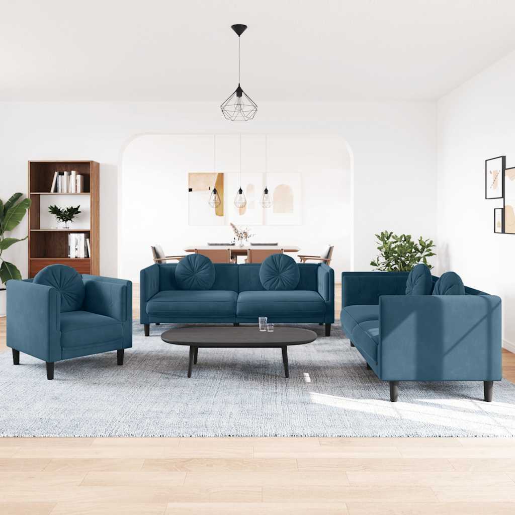 3-dijelni set sofa s jastucima plavi baršunasti