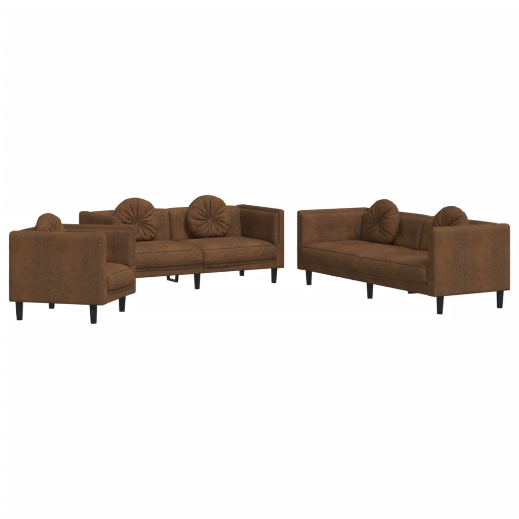 3-dijelni set sofa s jastucima smeđi baršunasti