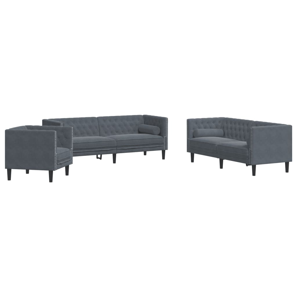 3-dijelni set sofa Chesterfield tamnosivi baršunasti