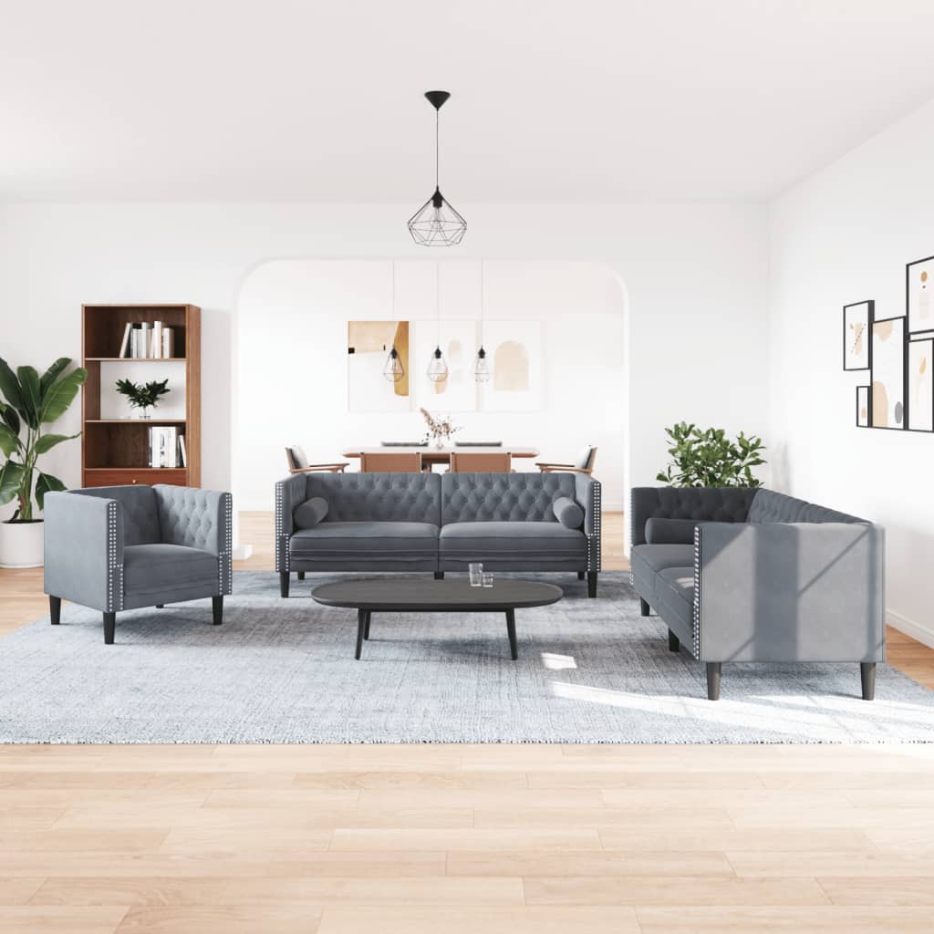 3-dijelni set sofa Chesterfield tamnosivi baršunasti