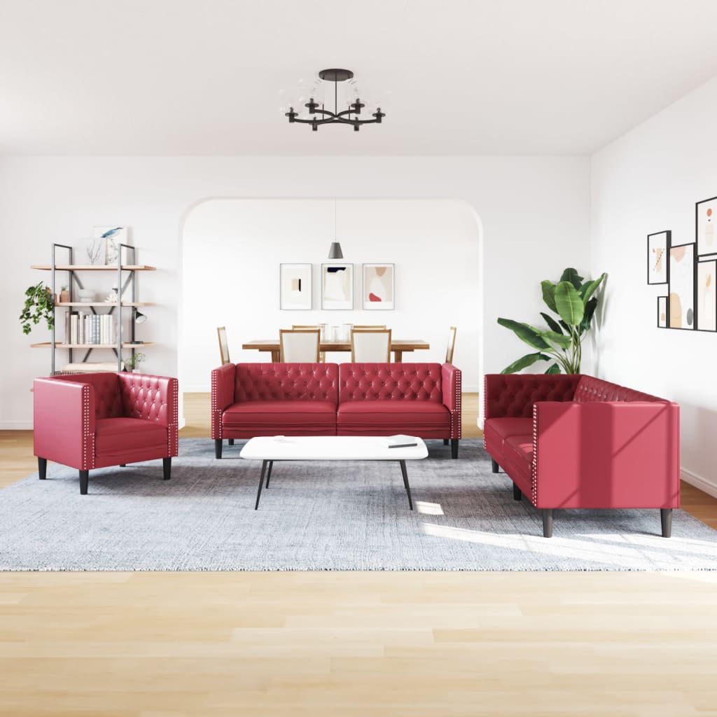 3-dijelni set sofa Chesterfield crvena boja vina baršunasti