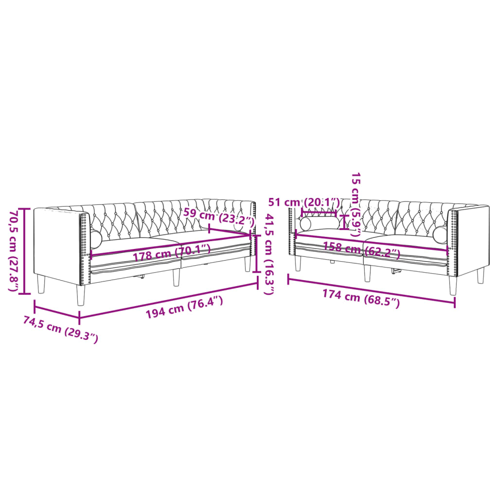 2-dijelni set sofa Chesterfield crvena boja vina baršunasti
