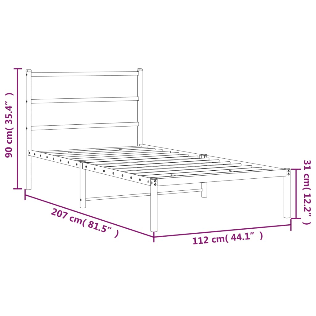 Metalni okvir za krevet s uzglavljem crni 107x203 cm