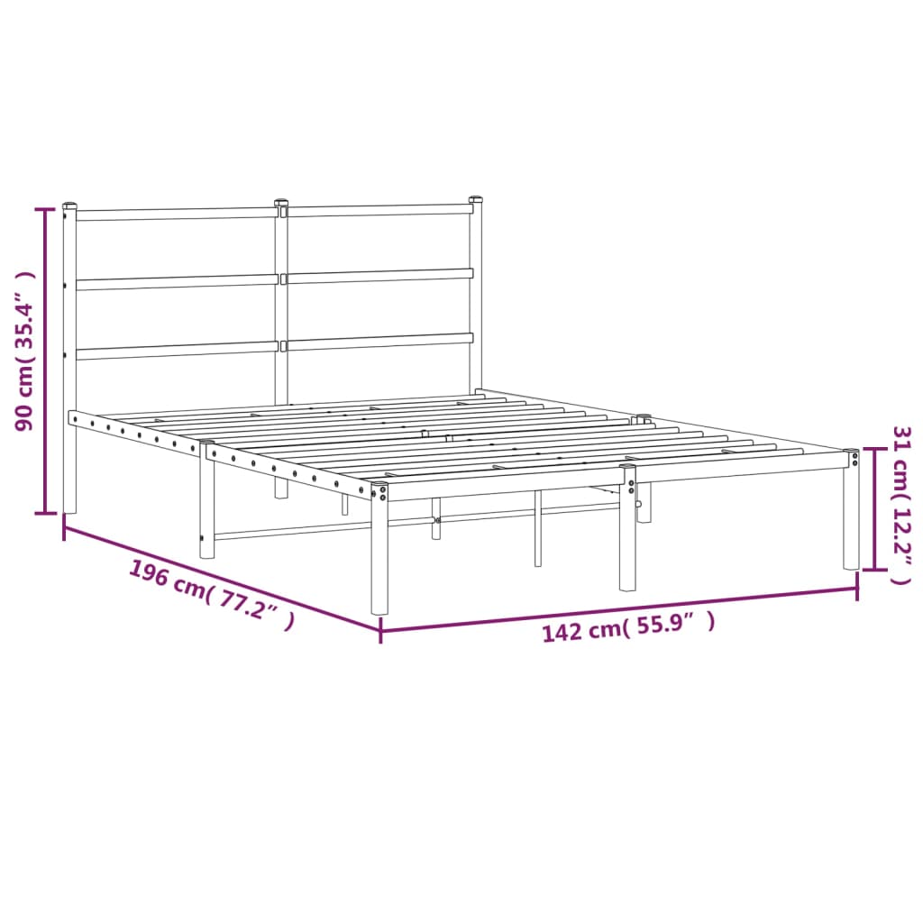 Metalni okvir za krevet s uzglavljem crni 135x190 cm