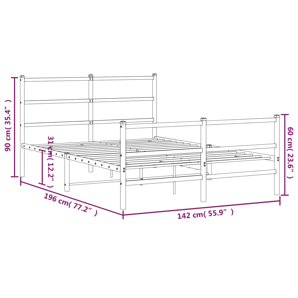 Metalni okvir kreveta s uzglavljem i podnožjem crni 135x190 cm