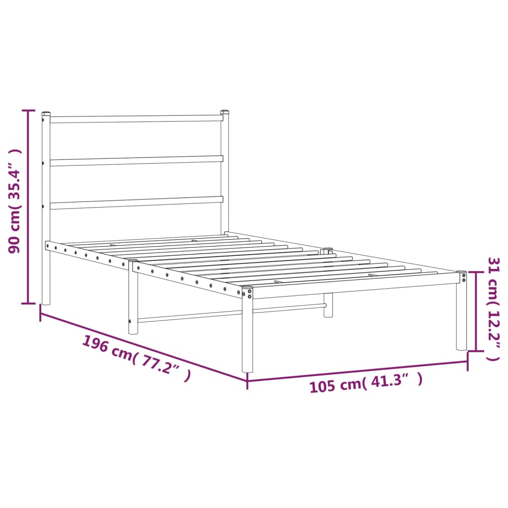 Metalni okvir za krevet s uzglavljem bijeli 100x190 cm