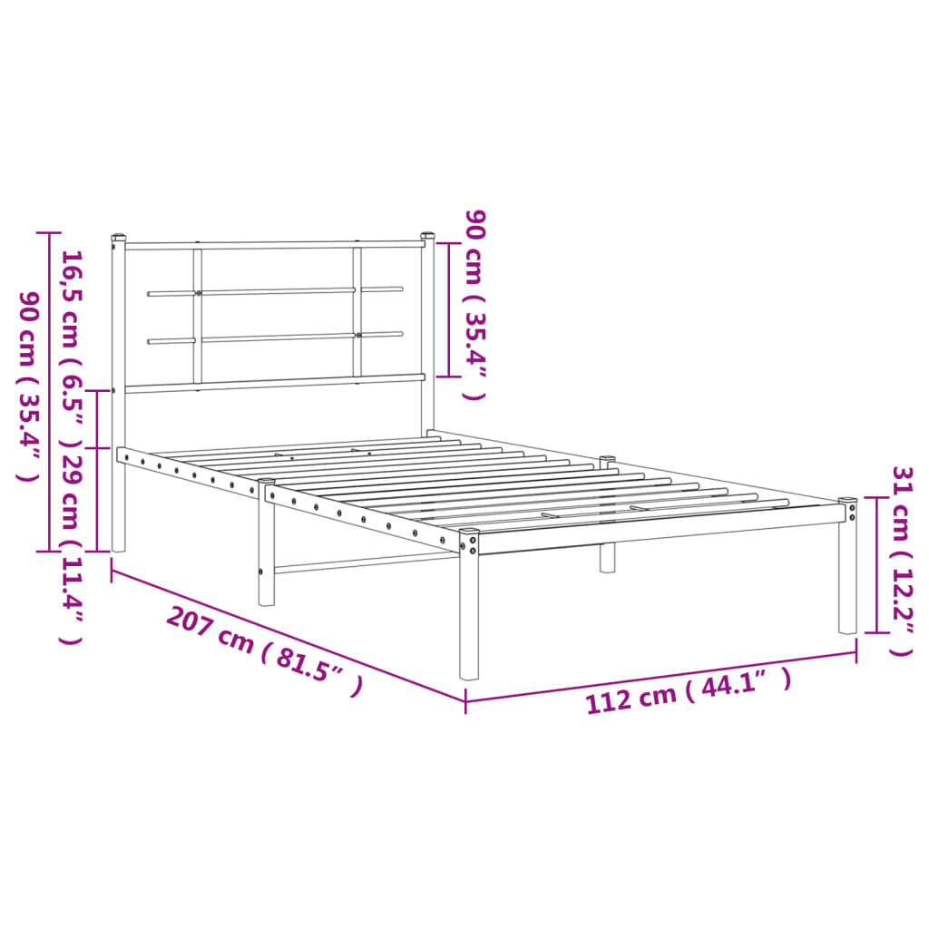 Metalni okvir za krevet s uzglavljem crni 107x203 cm