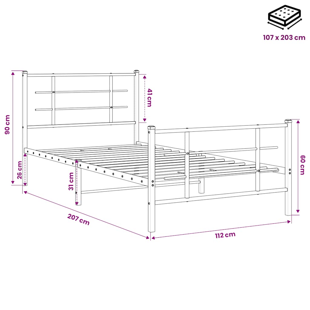 Metalni okvir kreveta uzglavlje i podnožje crni 107x203 cm