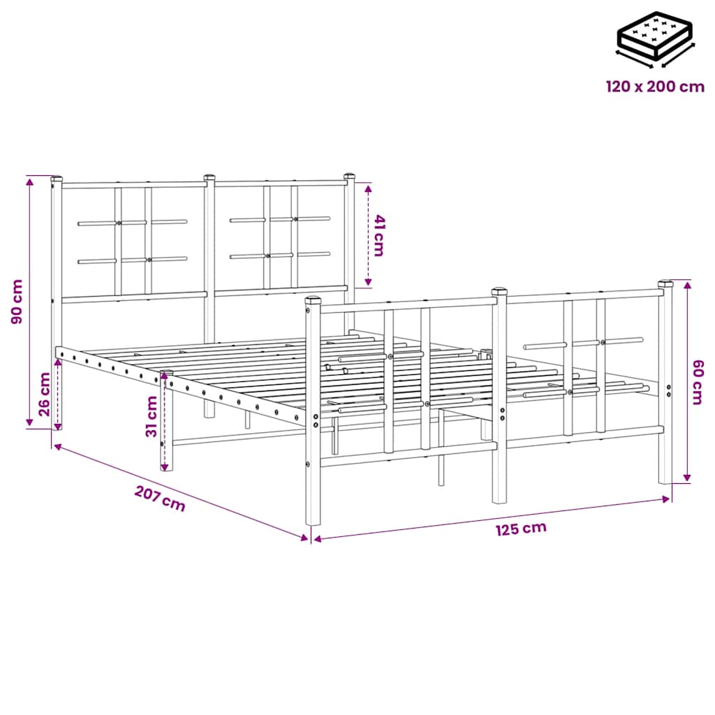 Metalni okvir kreveta uzglavlje i podnožje crni 120x200 cm