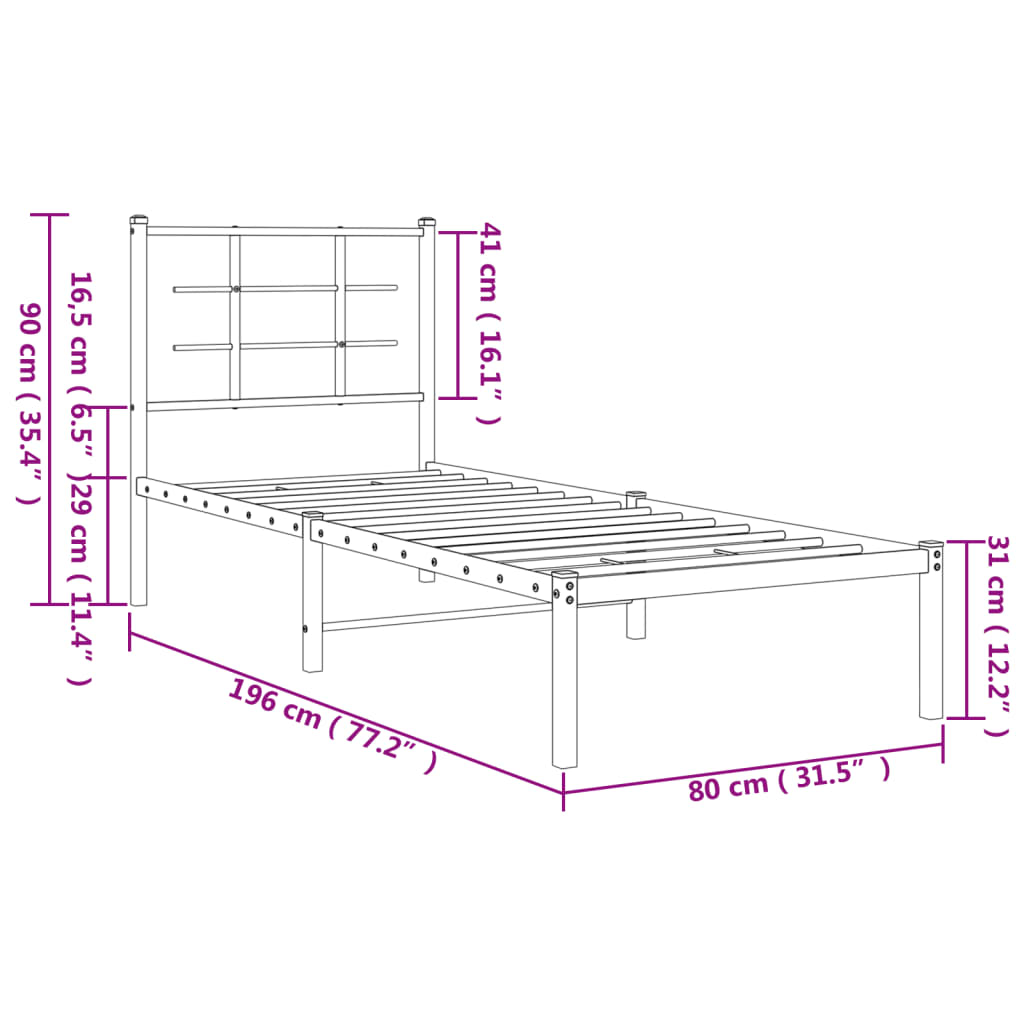 Metalni okvir krevet bez madraca s uzglavljem bijeli 75x190 cm