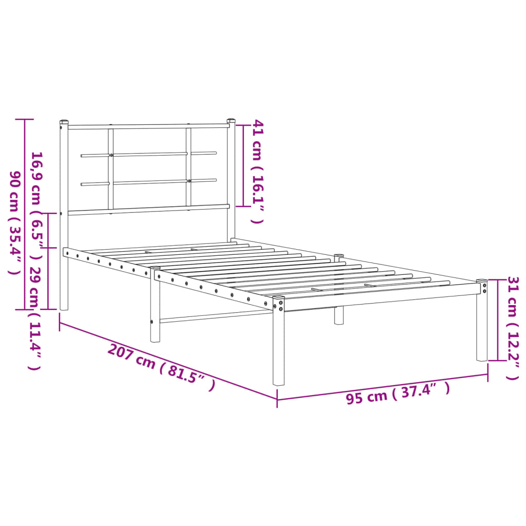 Metalni okvir za krevet s uzglavljem bijeli 90x200 cm