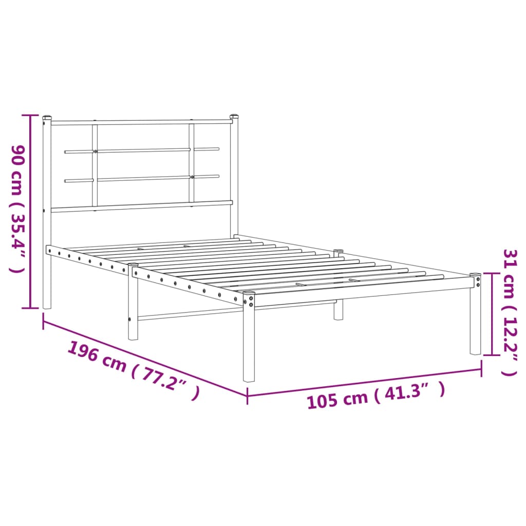 Metalni okvir za krevet s uzglavljem bijeli 100x190 cm