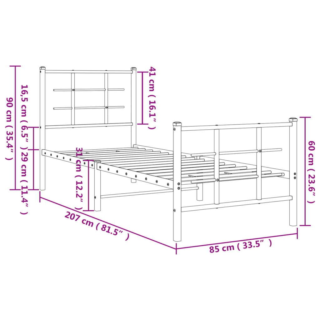Metalni okvir kreveta uzglavlje i podnožje bijeli 80x200 cm