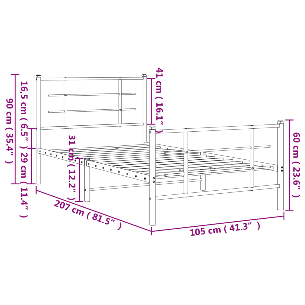 Metalni okvir kreveta uzglavlje i podnožje bijeli 100x200 cm