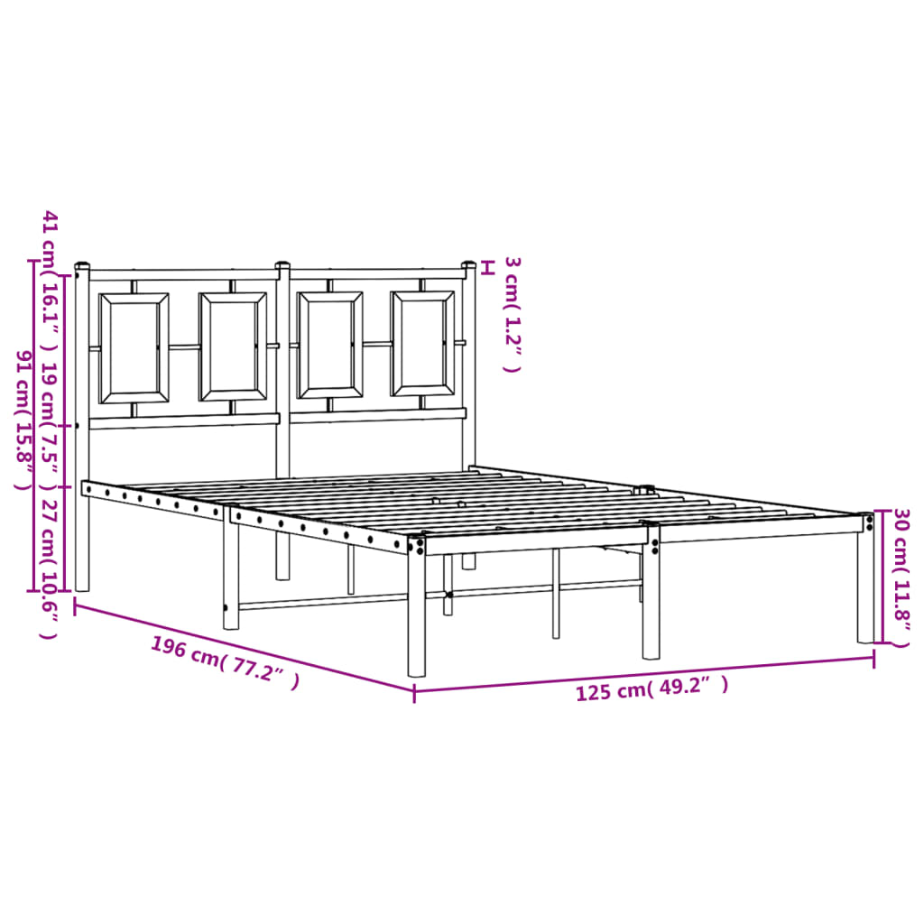 Metalni okvir za krevet s uzglavljem crni 120x190 cm