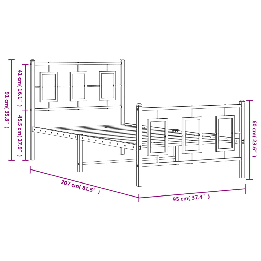 Metalni okvir kreveta uzglavlje i podnožje crni 90 x 200 cm