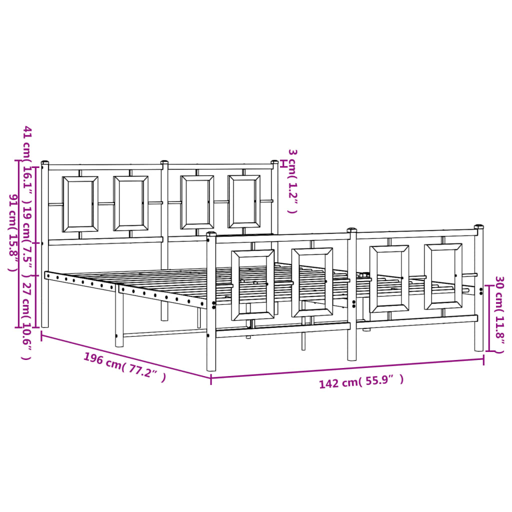 Metalni okvir kreveta uzglavlje i podnožje crni 135x190 cm