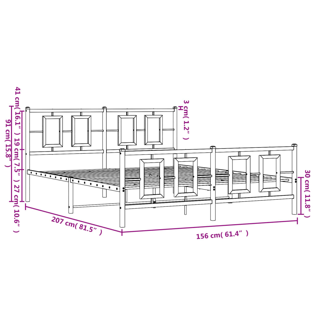 Metalni okvir kreveta uzglavlje i podnožje crni 150x200 cm