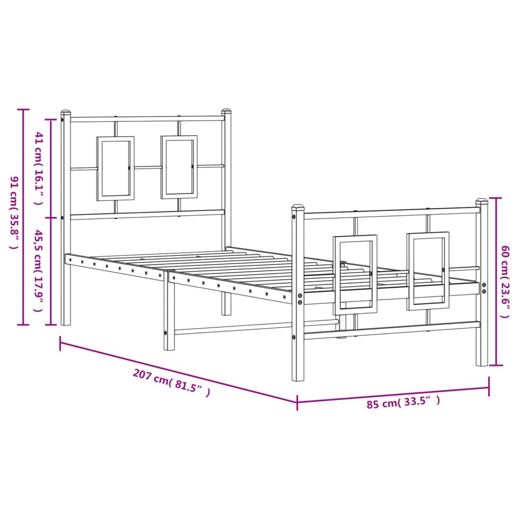 Metalni okvir kreveta uzglavlje i podnožje bijeli 80x200 cm