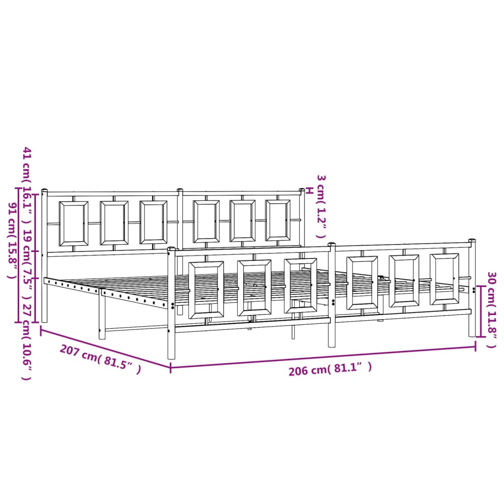 Metalni okvir kreveta uzglavlje i podnožje bijeli 200x200 cm