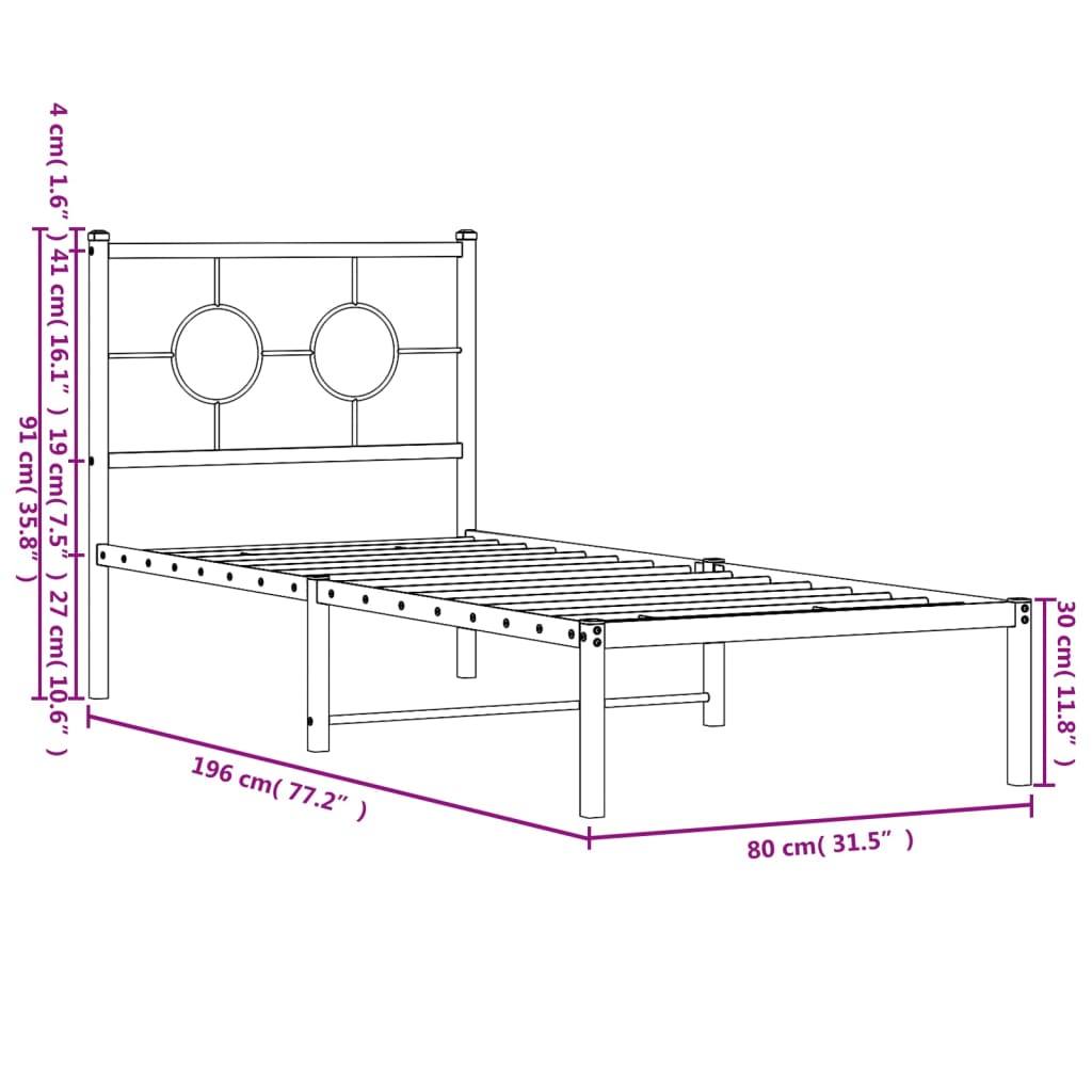 Metalni okvir za krevet s uzglavljem crni 75x190 cm