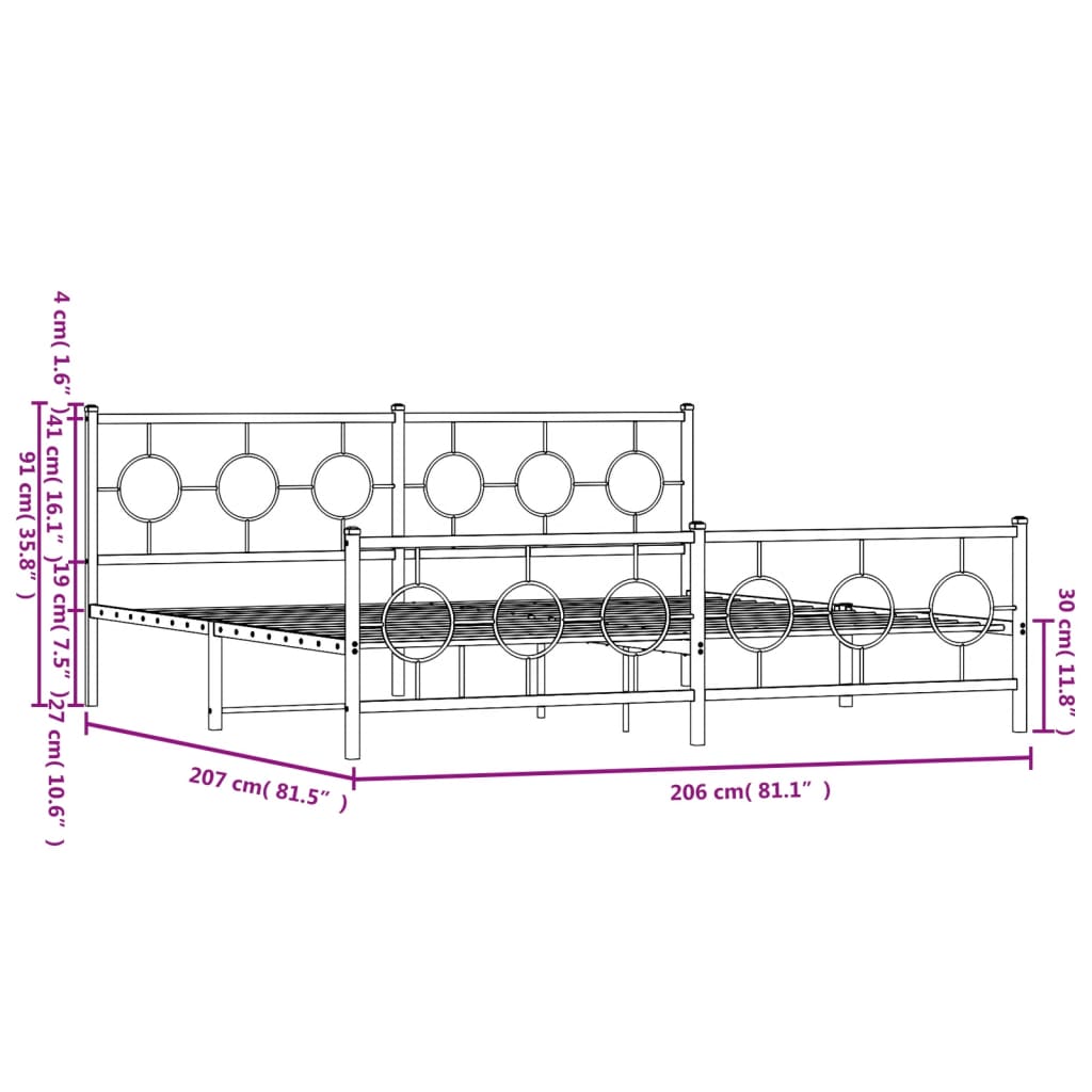 Metalni okvir kreveta uzglavlje i podnožje crni 200x200 cm
