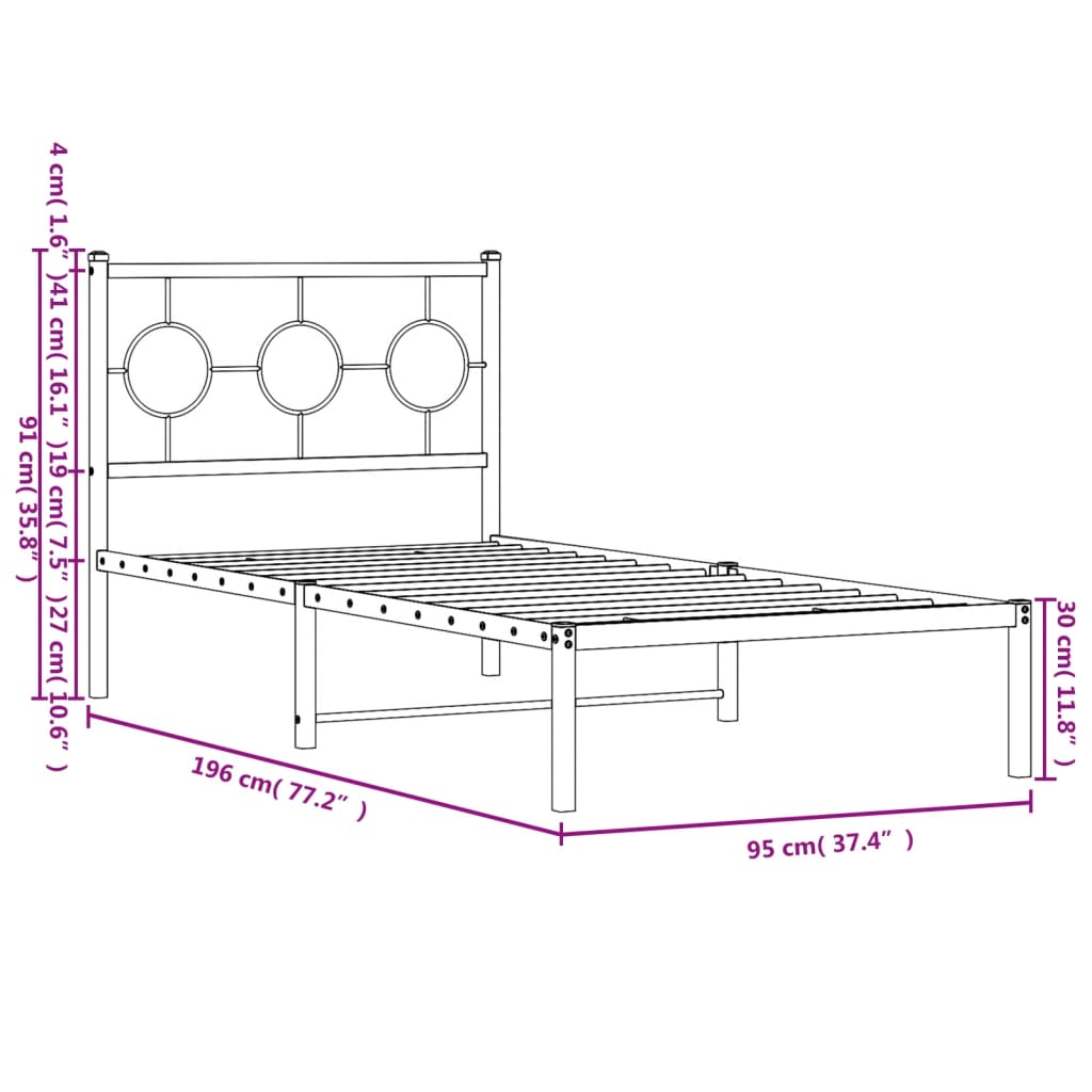 Metalni okvir za krevet s uzglavljem bijeli 90 x 190 cm