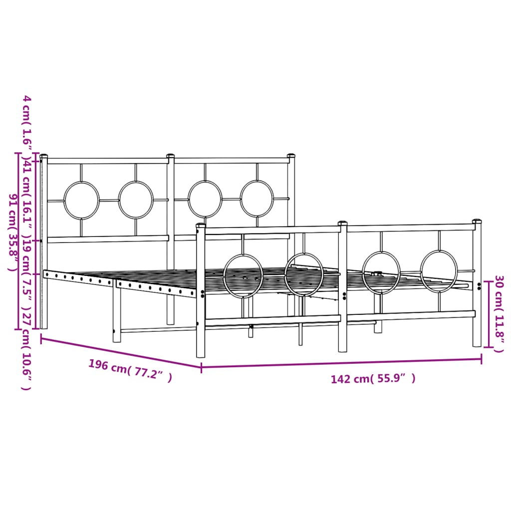 Metalni okvir kreveta uzglavlje i podnožje bijeli 135 x 190 cm