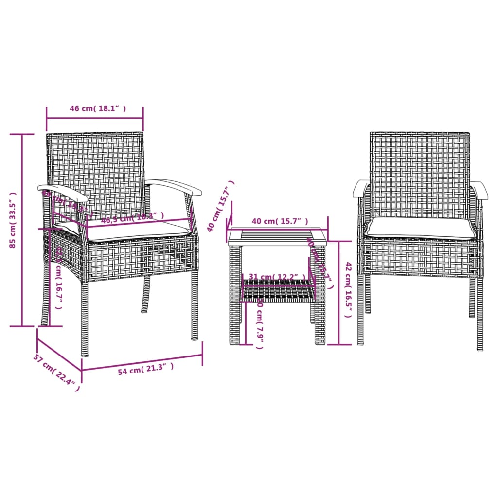 3-dijelni bistro set s jastucima poliratan i drvo bagrema sivi