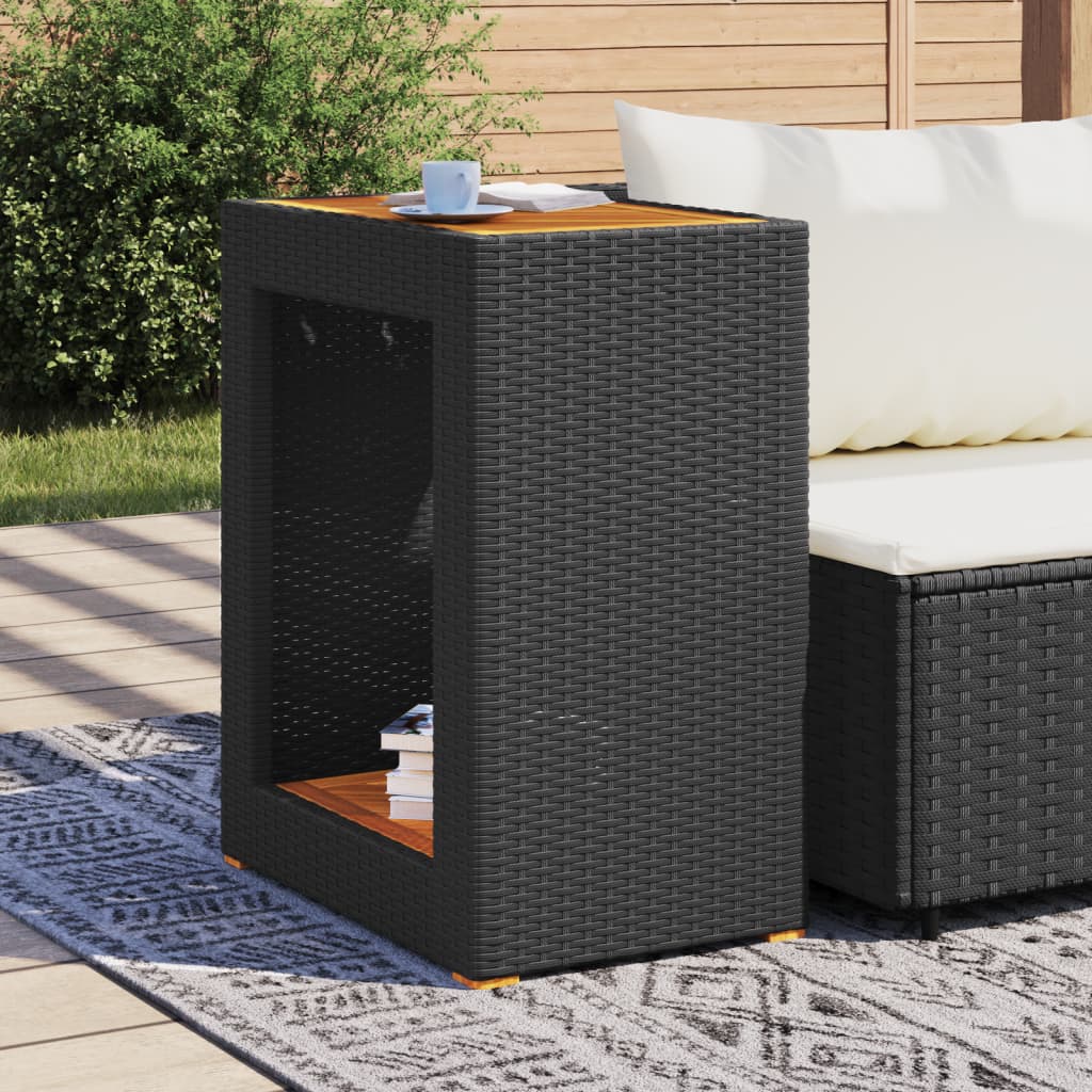 Vrtni bočni stolić s drvenom pločom crni 60x40x75 cm poliratan