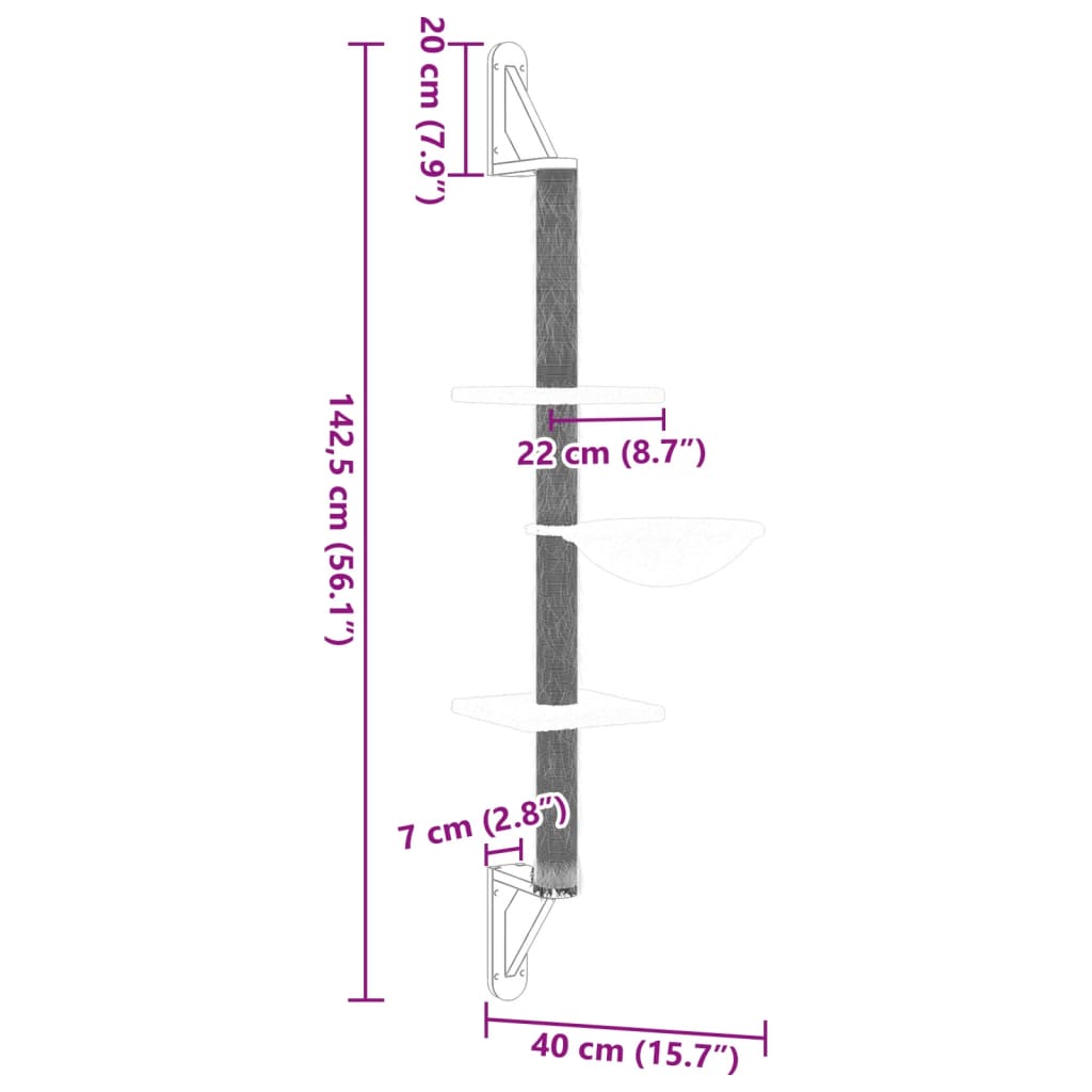 Zidna penjalica za mačke sa stupom za grebanje siva 142,5 cm