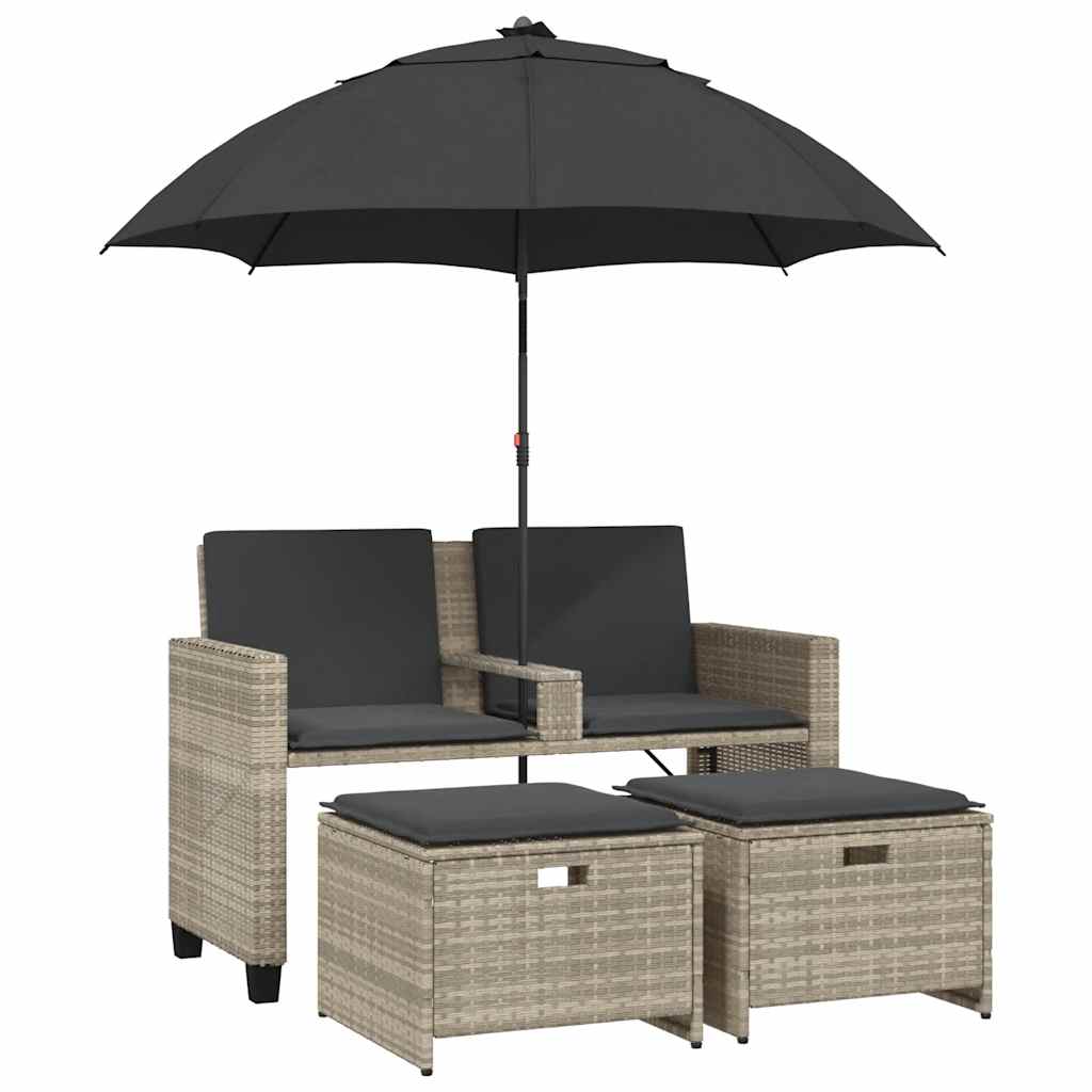 Vrtna sofa 2-sjed sa suncobranom i tabureima svijetlo sivi