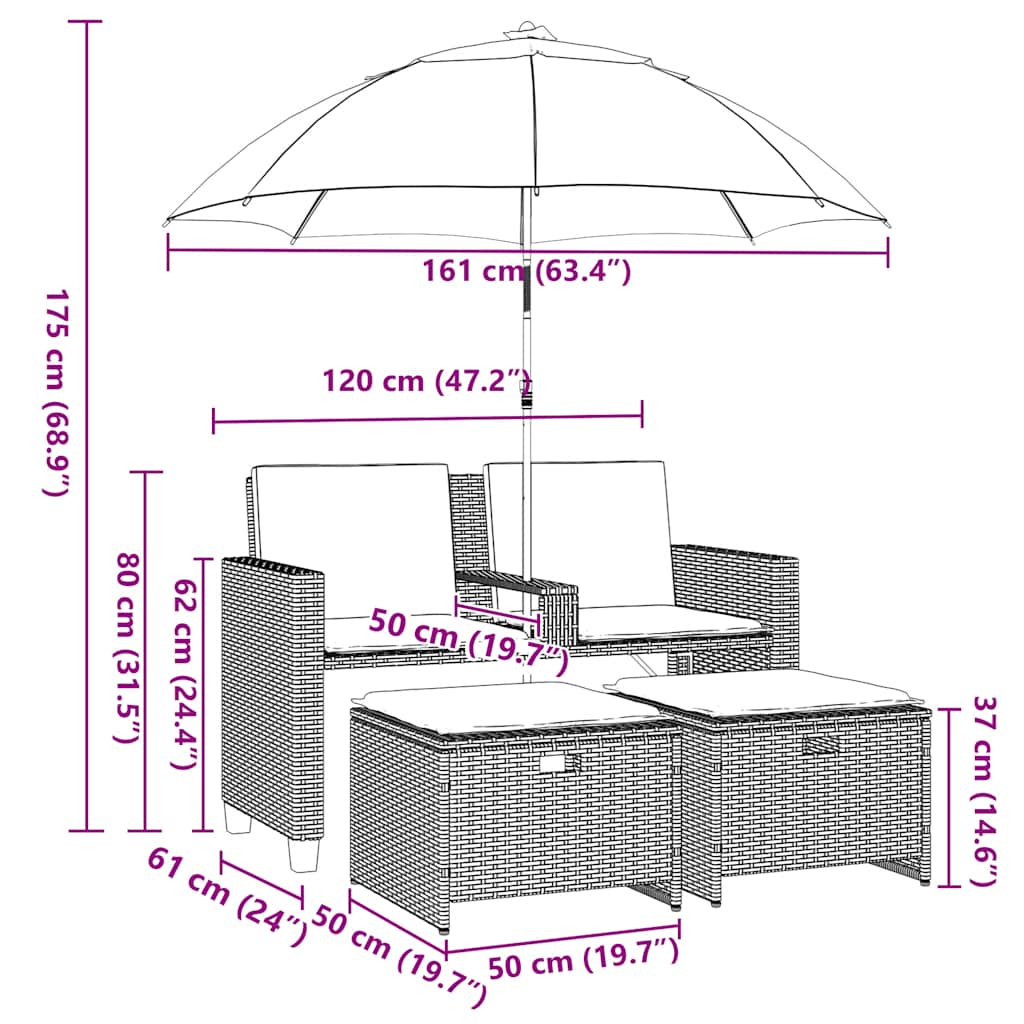 Vrtna sofa 2-sjed sa suncobranom i tabureima svijetlo sivi