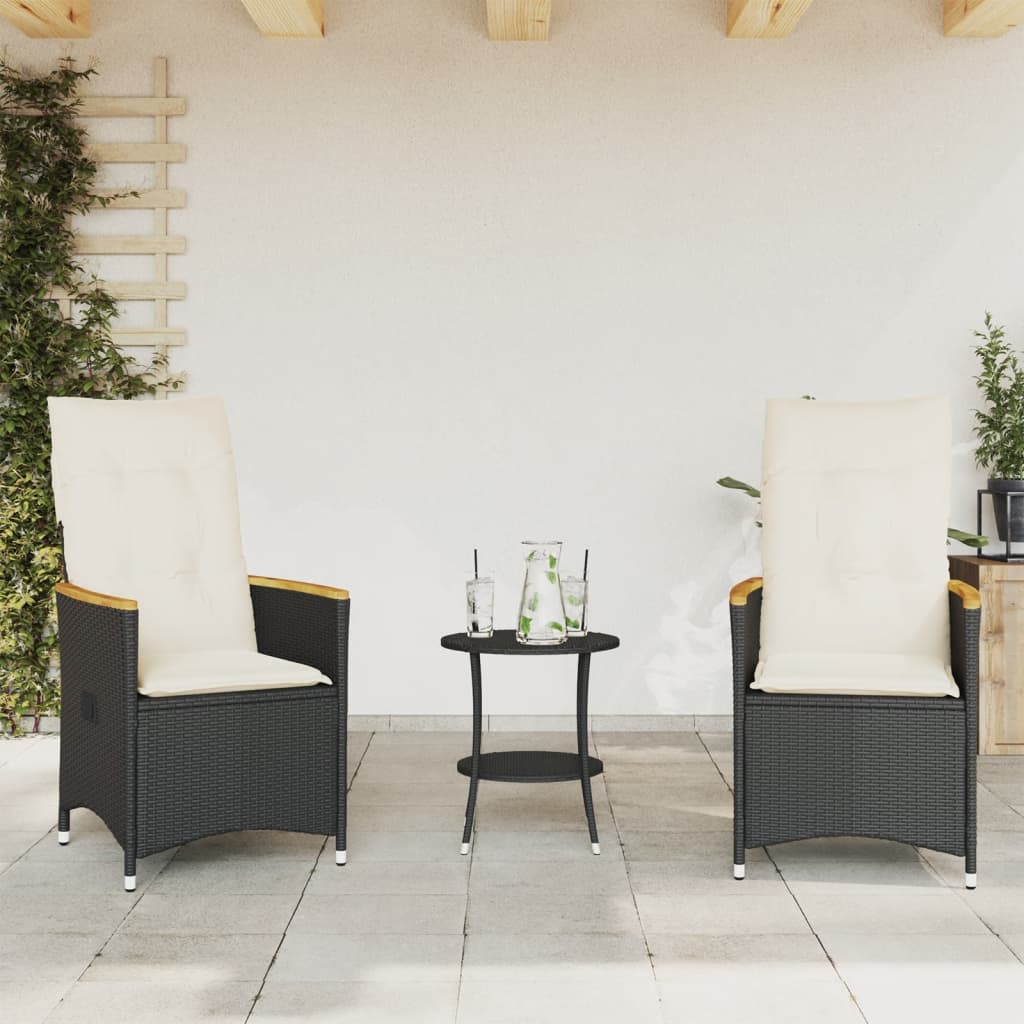 3-dijelni bistro set s jastucima crni od poliratana