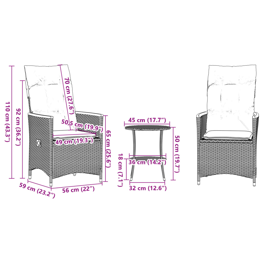 3-dijelni bistro set s jastucima crni od poliratana