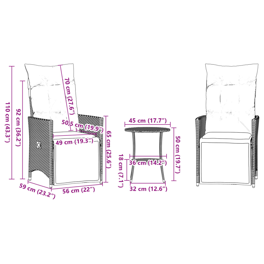 3-dijelni bistro set s jastucima crni od poliratana