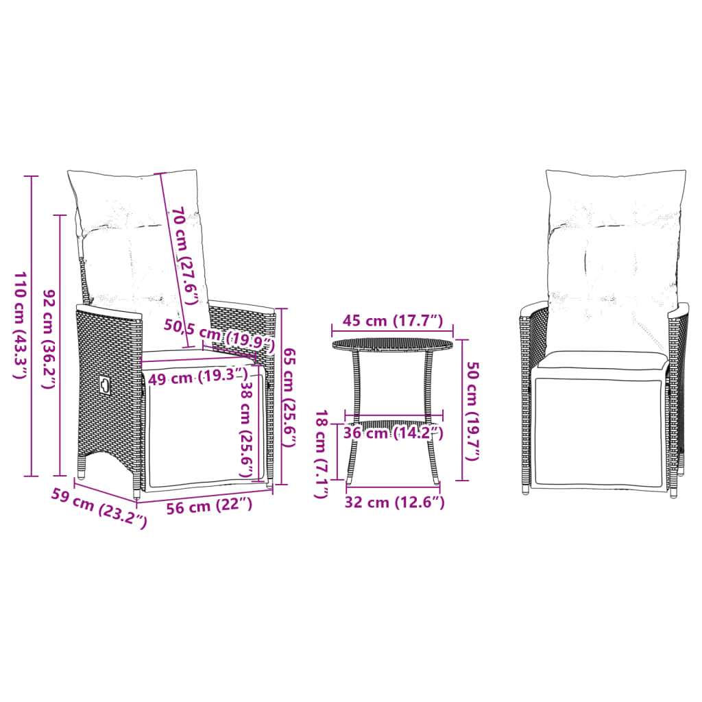 3-dijelni bistro set od poliratana s jastucima sivi