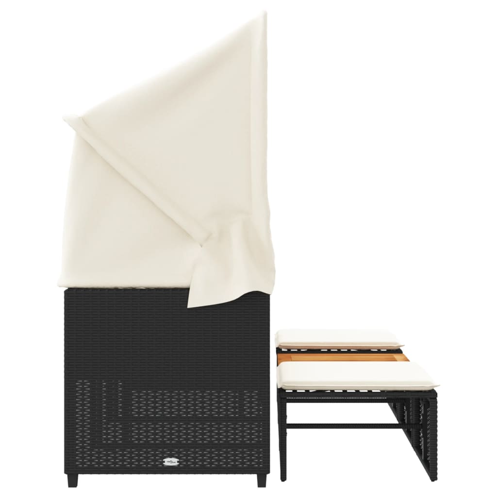 Vrtni trosjed s krovom i tabureima crni od poliratana