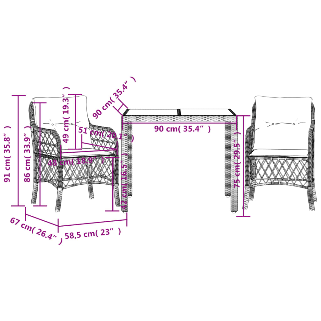3-dijelni bistro set s jastucima crni od poliratana