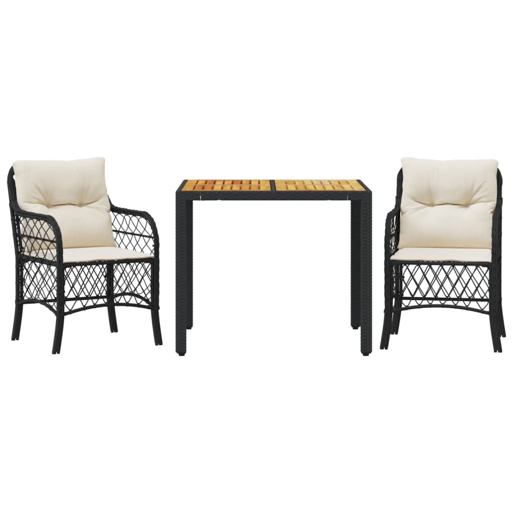 3-dijelni bistro set s jastucima crni od poliratana