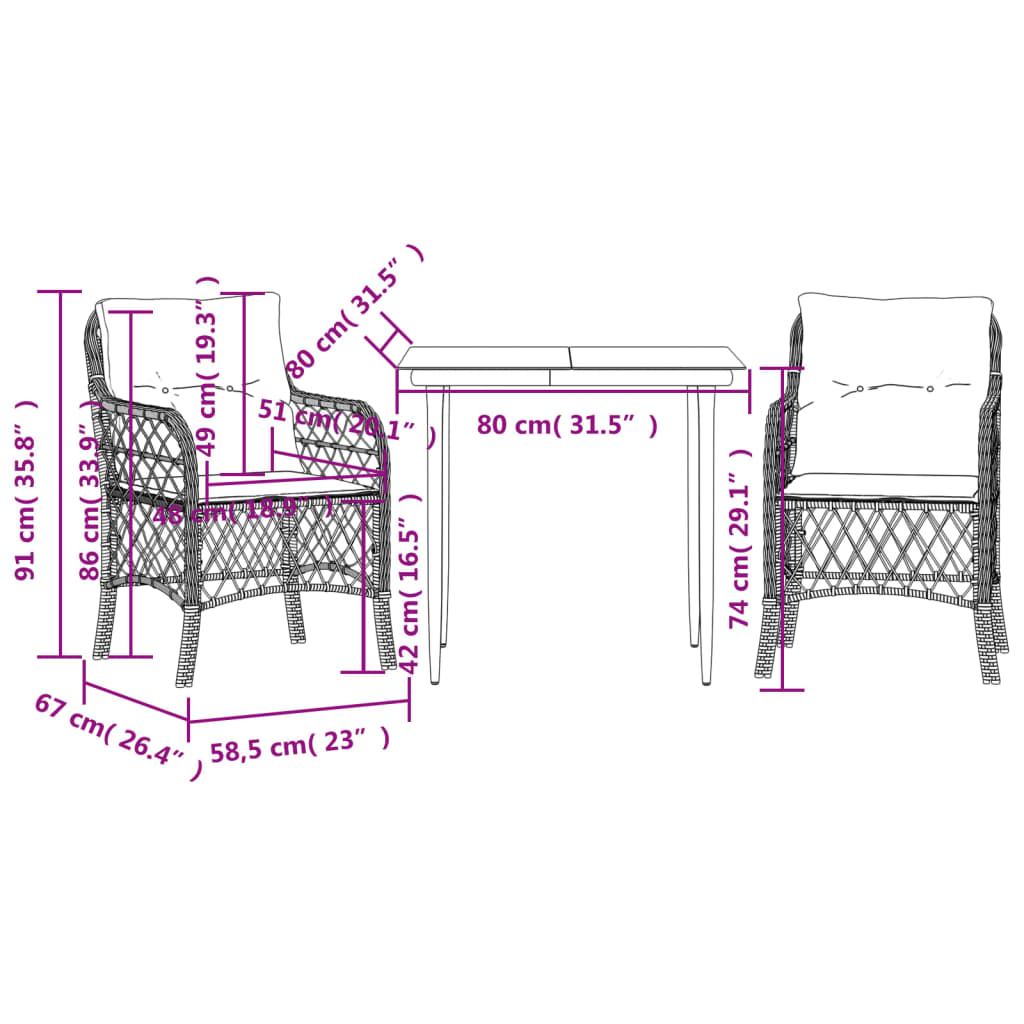 3-dijelni bistro set s jastucima crni od poliratana
