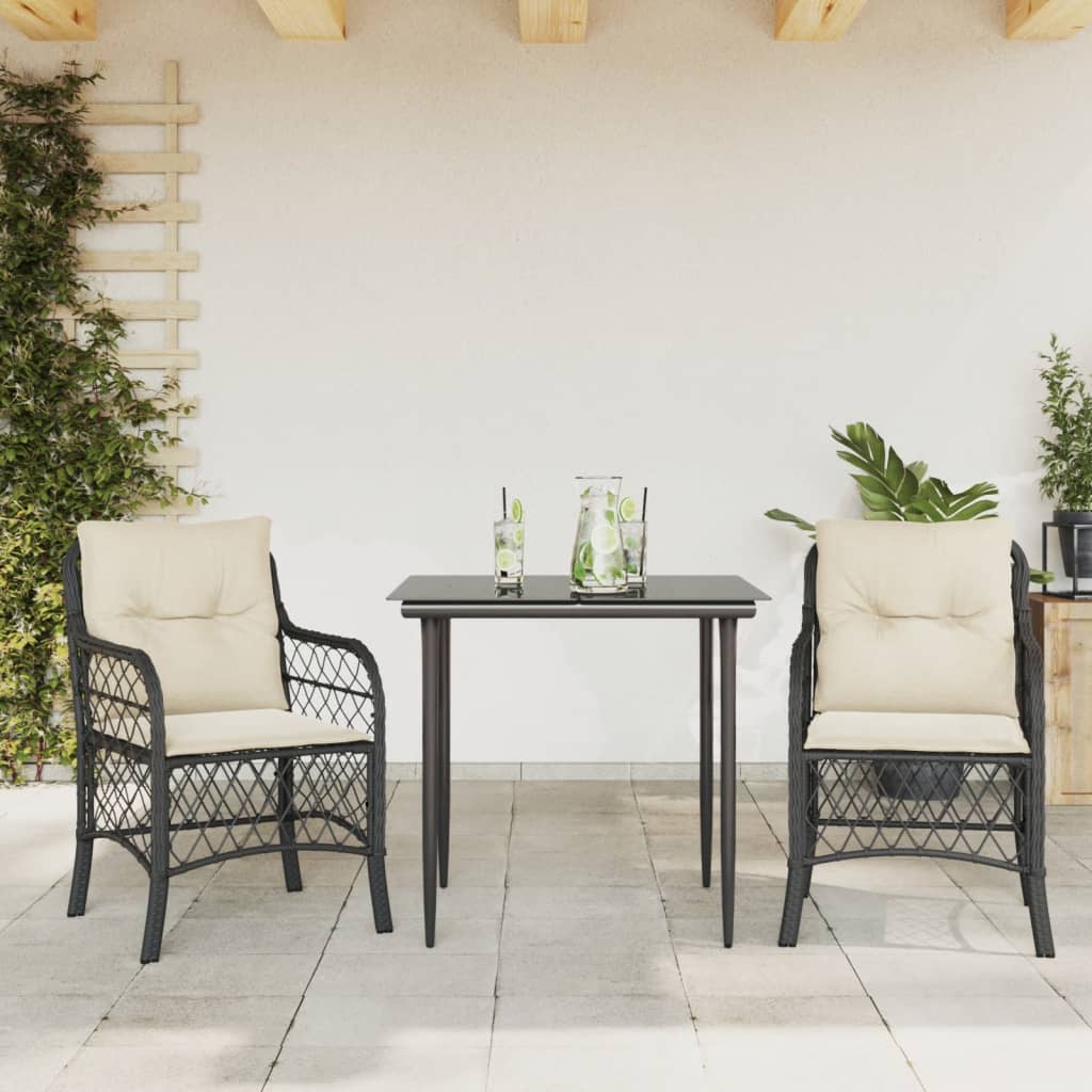 3-dijelni bistro set s jastucima crni od poliratana