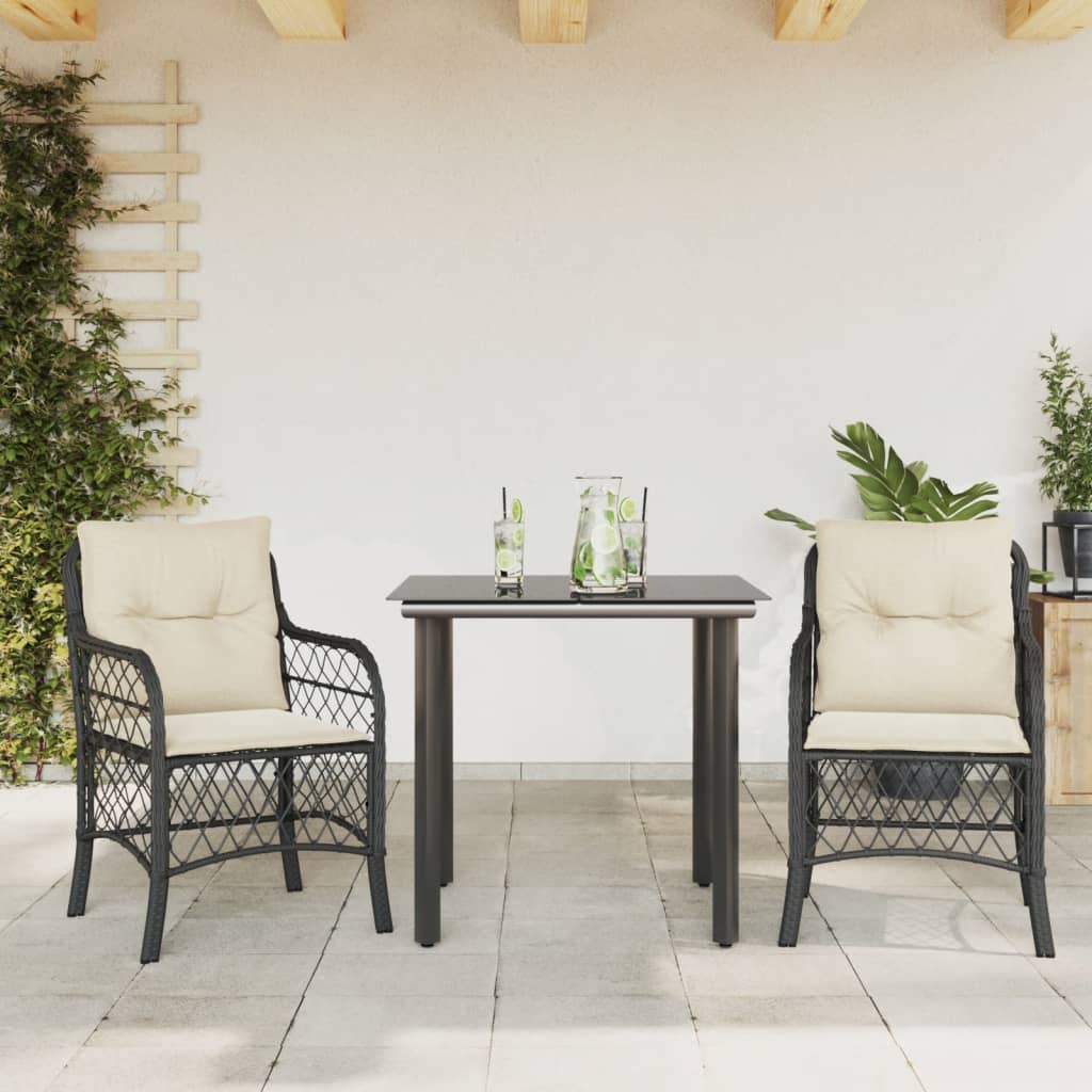 3-dijelni bistro set s jastucima crni od poliratana